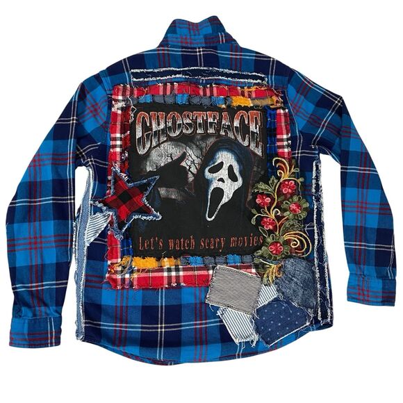 Upcycled Flannel Shirt Womens Large Shacket Ghostface Grunge Scary Movies Blue - Picture 14 of 16